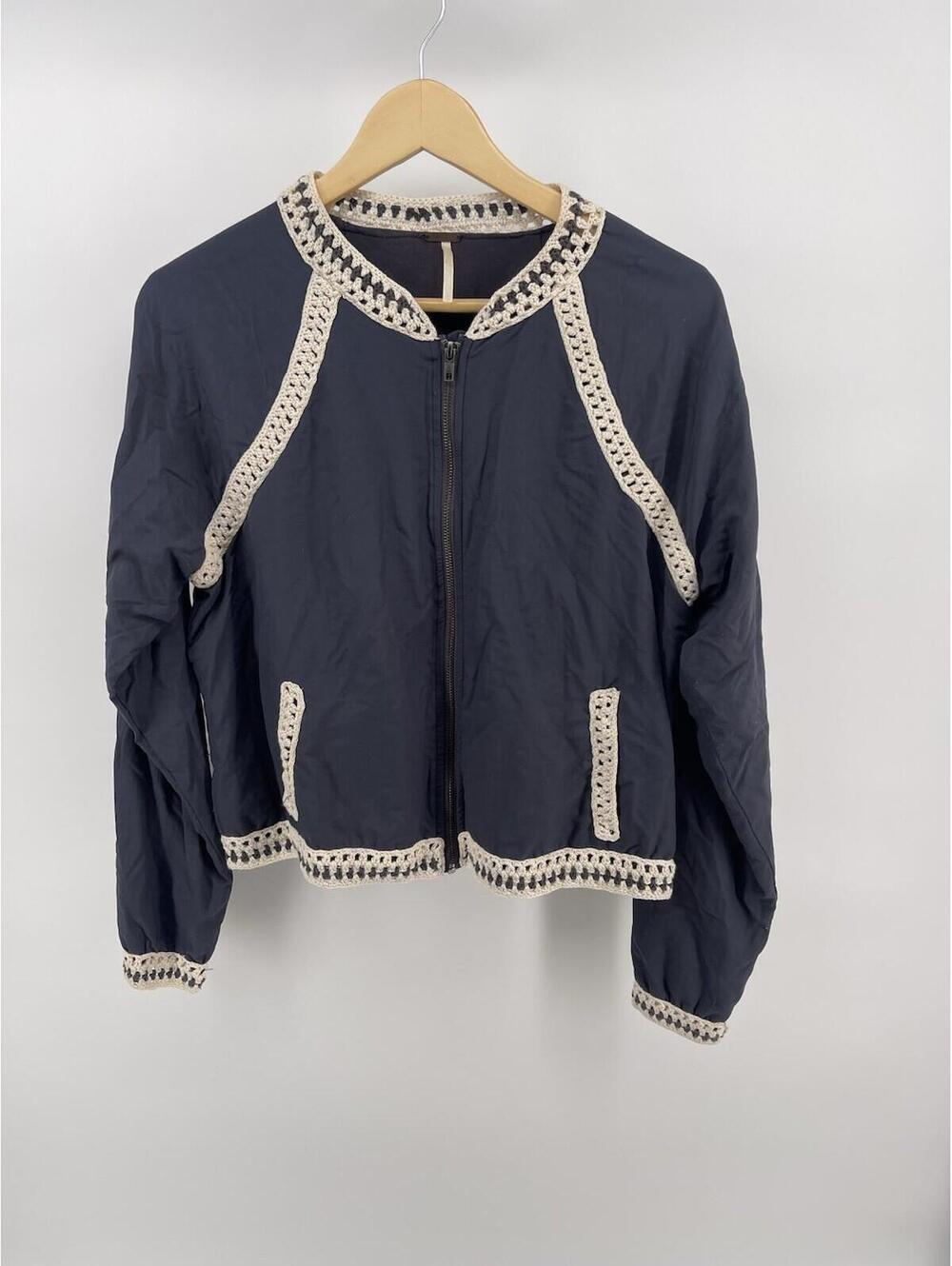 Free People Washed Black Crop Zip Up Jacket Women’s Size L Knit Detail